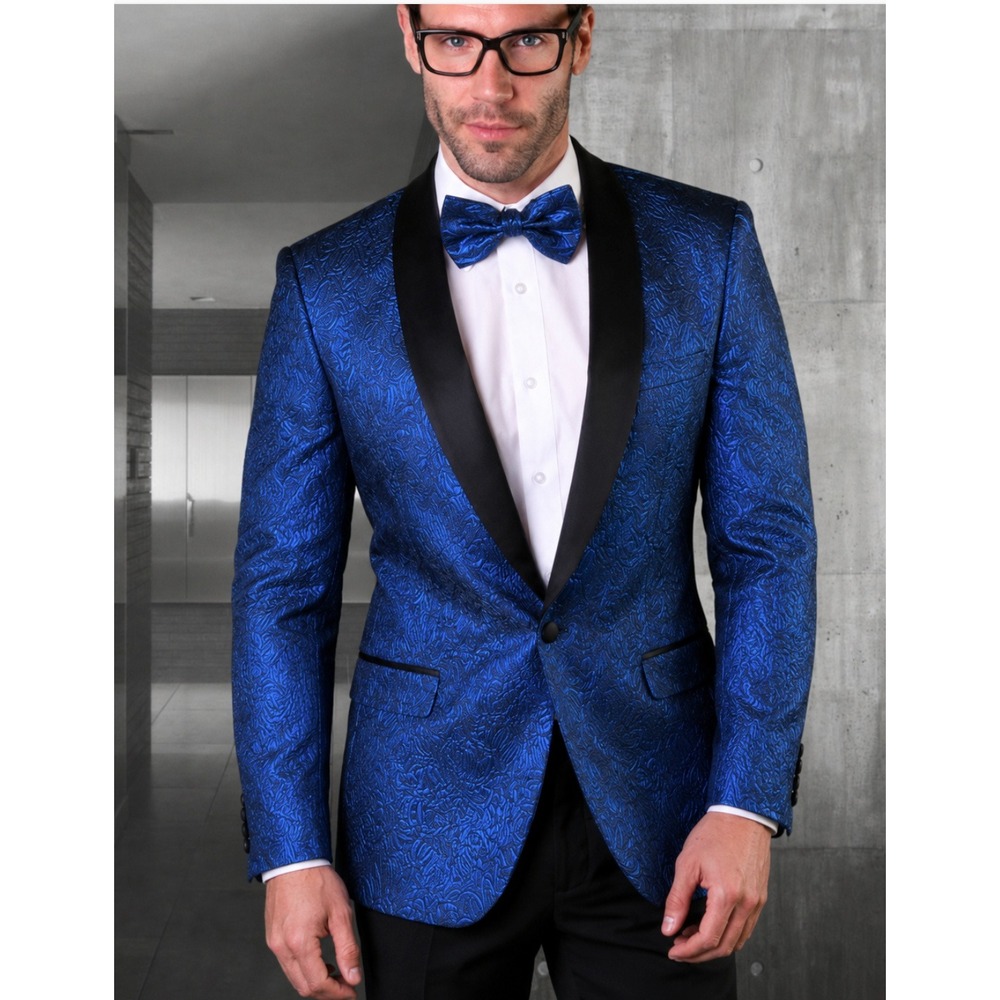 NEW Statement Italy Royal Blue Floral Brocade Blazer Velvet Shawl Lapel 56L Gala